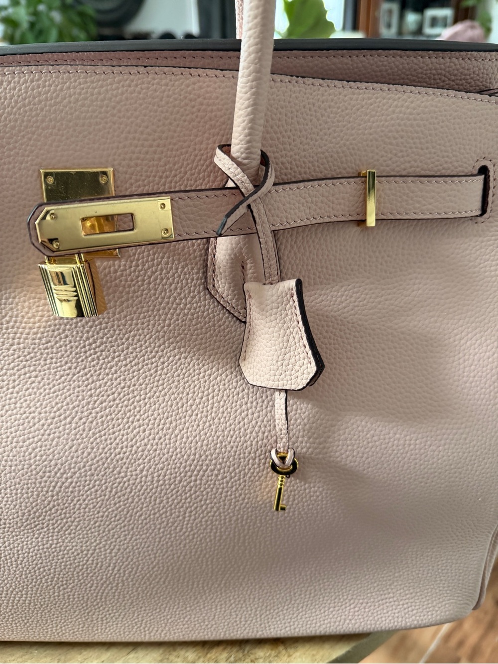 Soft Blush Leather Tote Bag with Gold Hardware